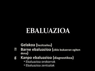 Gelakoa ( hezitzailea ) Barne ebaluazioa ( ziklo bukaeran egiten dena ) Kanpo ebaluazioa ( diagnostikoa ) Ebaluazioa orokorrak Ebaluazioa zentsalak 