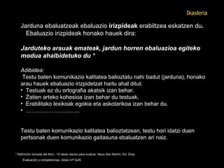 Jarduna ebaluatzeak ebaluazio  irizpideak  erabiltzea eskatzen du . Ebaluazio irizpideak honako hauek dira:   Jarduteko arauak emateak, jardun horren ebaluazioa egiteko modua ahalbidetuko du * Adibidea: Testu baten komunikazio kalitatea balioztatu nahi badut (jarduna), honako arau hauek ebaluazio irizpidetzat hartu ahal ditut: Testuak ez du ortografia akatsik izan behar. Zatien arteko kohesioa izan behar du testuak. Erabilitako lexikoak egokia eta askotarikoa izan behar du. ……………………… .. Testu baten komunikazio kalitatea balioztatzean, testu hori idatzi duen pertsonak duen komunikazio gaitasuna ebaluatzen ari naiz. * Definición tomada del libro : 10 ideas claves para evaluar. Neus San Martín. Ed. Grao  Evaluación y competencias. Jesús mª Goñi Ikasleria 