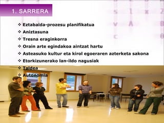 1. SARRERA

  Eztabaida-prozesu planifikatua
  Aniztasuna
  Tresna eraginkorra
  Orain arte egindakoa aintzat hartu
  Asteasuko kultur eta kirol egoeraren azterketa sakona
  Etorkizunerako lan-ildo nagusiak
  Taldea
  Autonomia




                            3
 