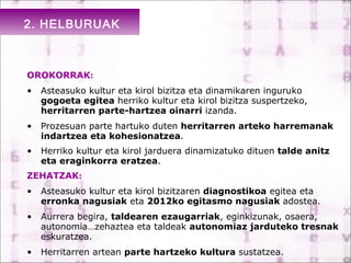 2. HELBURUAK



OROKORRAK:
•   Asteasuko kultur eta kirol bizitza eta dinamikaren inguruko
    gogoeta egitea herriko kultur eta kirol bizitza suspertzeko,
    herritarren parte-hartzea oinarri izanda.
•   Prozesuan parte hartuko duten herritarren arteko harremanak
    indartzea eta kohesionatzea.
•   Herriko kultur eta kirol jarduera dinamizatuko dituen talde anitz
    eta eraginkorra eratzea.
ZEHATZAK:
•   Asteasuko kultur eta kirol bizitzaren diagnostikoa egitea eta
    erronka nagusiak eta 2012ko egitasmo nagusiak adostea.
•   Aurrera begira, taldearen ezaugarriak, eginkizunak, osaera,
    autonomia…zehaztea eta taldeak autonomiaz jarduteko tresnak
    eskuratzea.
                                  4
•   Herritarren artean parte hartzeko kultura sustatzea.
 