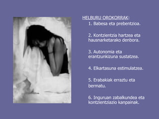 HELBURU OROKORRAK : 1.  Babesa eta prebentzioa. 2. Kontzientzia hartzea eta hausnarketarako denbora. 3. Autonomia eta erantzunkizuna sustatzea. 4. Elkartasuna estimulatzea. 5. Erabakiak erraztu eta  bermatu. 6. Inguruan zabalkundea eta kontzientziazio kanpainak. 