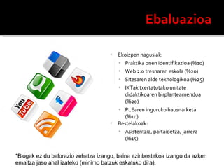 Ekoizpen nagusiak: Praktika onen identifikazioa (%10) Web 2.0 tresnaren eskola (%20) Sitesaren alde teknologikoa (%25) IKTak txertatutako unitate didaktikoaren birplanteamendua (%20) PLEaren inguruko hausnarketa (%10) Bestelakoak: Asistentzia, partaidetza, jarrera (%15) *Blogak ez du balorazio zehatza izango, baina ezinbestekoa izango da azken emaitza jaso ahal izateko (minimo batzuk eskatuko dira). 