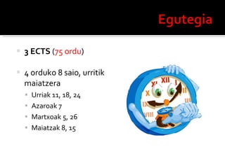 3 ECTS  ( 75 ordu ) 4 orduko 8 saio, urritik maiatzera Urriak 11, 18, 24 Azaroak 7 Martxoak 5, 26 Maiatzak 8, 15 