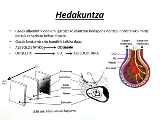 Hedakuntza
• Gasek albeolotik odolera igarotzeko ekintzari hedapena deritzo, horretarako mintz
batzuk zeharkatu behar dituzte.
• Gasak kontzentrazio handitik txikira doaz.
- ALBEOLOETATIK02 ODOLERA
- ODOLETIK CO2 ALBEOLOETARA
 