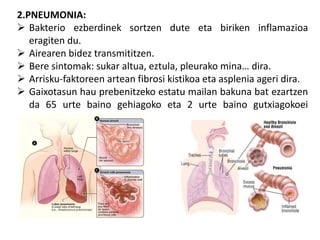 2.PNEUMONIA:
 Bakterio ezberdinek sortzen dute eta biriken inflamazioa
eragiten du.
 Airearen bidez transmititzen.
 Bere sintomak: sukar altua, eztula, pleurako mina… dira.
 Arrisku-faktoreen artean fibrosi kistikoa eta asplenia ageri dira.
 Gaixotasun hau prebenitzeko estatu mailan bakuna bat ezartzen
da 65 urte baino gehiagoko eta 2 urte baino gutxiagokoei
pertsonen artean.
 