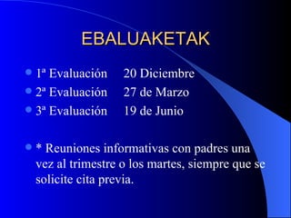 EBALUAKETAK 1ª Evaluación  20 Diciembre 2ª Evaluación  27 de Marzo 3ª Evaluación  19 de Junio * Reuniones informativas con padres una vez al trimestre o los martes, siempre que se solicite cita previa. 