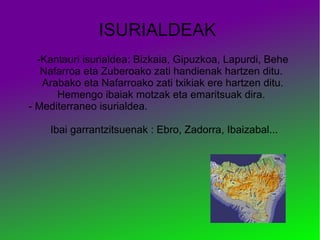 ISURIALDEAK
-Kantauri isurialdea: Bizkaia, Gipuzkoa, Lapurdi, Behe
Nafarroa eta Zuberoako zati handienak hartzen ditu.
Arabako eta Nafarroako zati txikiak ere hartzen ditu.
Hemengo ibaiak motzak eta emaritsuak dira.
- Mediterraneo isurialdea.
Ibai garrantzitsuenak : Ebro, Zadorra, Ibaizabal...

 