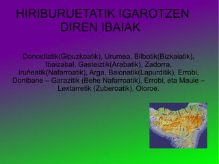 HIRIBURUETATIK IGAROTZEN
DIREN IBAIAK
Donostiatik(Gipuzkoatik), Urumea, Bilbotik(Bizkaiatik),
Ibaizabal, Gasteiztik(Arabatik), Zadorra,
Iruñeatik(Nafarroatik), Arga, Baionatik(Lapurditik), Errobi,
Donibane – Garazitik (Behe Nafarroatik), Errobi, eta Maule –
Lextarretik (Zuberoatik), Oloroe.

 