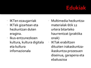 IKTen ezaugarriak IKTek gizartean eta hezkuntzan duten eragina. Ikus-entzunezkoen kultura, kultura digitala eta kultura infomazionala Multimedia hezkuntza-materialak 6tik 12 urtera bitarteko haurrentzat (praktika onak) IKTak erabiltzen dituzten irakaskuntza-ikaskuntza prozesuen diseinua, garapena eta ebaluazioa 