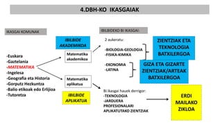 ERDI
MAILAKO
ZIKLOA
ZIENTZIAK ETA
TEKNOLOGIA
BATXILERGOA
4.DBH-KO IKASGAIAK
-Euskara
-Gaztelania
-MATEMATIKA
-Ingelesa
-Geografia eta Historia
-Gorputz Hezkuntza
-Balio etikoak edo Erlijioa
-Tutoretza
Matematika
akademikoa
Matematika
aplikatua
2 aukeratu:
-BIOLOGIA-GEOLOGIA
-FISIKA-KIMIKA
-EKONOMIA
-LATINA
Bi ikasgai hauek derrigor:
-TEKNOLOGIA
-JARDUERA
PROFESIONALARI
APLIKATUTAKO ZIENTZIAK
IBILBIDE
AKADEMIKOA
IBILBIDE
APLIKATUA
GIZA ETA GIZARTE
ZIENTZIAK/ARTEAK
BATXILERGOA
IBILBIDEKO BI IKASGAI:IKASGAI KOMUNAK
 