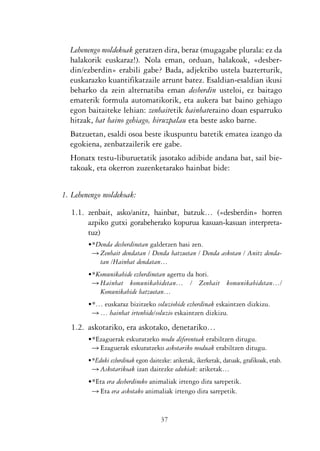 KALKO OKERRAK   21/6/05   17:02   Página 37




                      Lehenengo moldekoak geratzen dira, beraz (mugagabe plurala: ez da
                      halakorik euskaraz!). Nola eman, orduan, halakoak, «desber-
                      din/ezberdin» erabili gabe? Bada, adjektibo ustela bazterturik,
                      euskarazko kuantifikatzaile arrunt batez. Esaldian-esaldian ikusi
                      beharko da zein alternatiba eman desberdin usteloi, ez baitago
                      ematerik formula automatikorik, eta aukera bat baino gehiago
                      egon baitaiteke lehian: zenbaitetik hainbateraino doan esparruko
                      hitzak, bat baino gehiago, hiruzpalau eta beste asko barne.
                      Batzuetan, esaldi osoa beste ikuspuntu batetik ematea izango da
                      egokiena, zenbatzailerik ere gabe.
                      Honatx testu-liburuetatik jasotako adibide andana bat, sail bie-
                      takoak, eta okerron zuzenketarako hainbat bide:


                   1. Lehenengo moldekoak:

                      1.1. zenbait, asko/anitz, hainbat, batzuk… («desberdin» horren
                           azpiko gutxi gorabeherako kopurua kasuan-kasuan interpreta-
                           tuz)
                             •*Denda desberdinetan galdetzen hasi zen.
                              Ǟ Zenbait dendatan / Denda batzuetan / Denda askotan / Anitz denda-
                                tan /Hainbat dendatan…
                             •*Komunikabide ezberdinetan agertu da hori.
                              Ǟ Hainbat komunikabidetan… / Zenbait komunikabidetan…/
                                Komunikabide batzuetan…
                             •*… euskaraz bizitzeko soluziobide ezberdinak eskaintzen dizkizu.
                              Ǟ … hainbat irtenbide/soluzio eskaintzen dizkizu.

                      1.2. askotariko, era askotako, denetariko…
                             •*Ezaguerak eskuratzeko modu diferenteak erabiltzen ditugu.
                              Ǟ Ezaguerak eskuratzeko askotariko moduak erabiltzen ditugu.
                             •*Eduki ezberdinak egon daitezke: ariketak, ikerketak, datuak, grafikoak, etab.
                              Ǟ Askotarikoak izan daitezke edukiak: ariketak…
                             •*Eta era desberdineko animaliak irtengo dira sarepetik.
                              Ǟ Eta era askotako animaliak irtengo dira sarepetik.


                                                          37
 