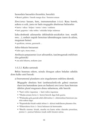 KALKO OKERRAK   21/6/05   17:02   Página 46




                Izenordain batzuekin (besterekin, bereziki):
                • Besteri galdetu / bestek esango dizu / besteren etxean

                Zerez/zertaz kasuan, hots, instrumentalean (-(e)z). Kasu horrek,
                aukera ez ezik, joera ere badu mugagabe absolutuaz baliatzeko:
                • harriz / eskuz / kolpez / trenez / oinez / euskaraz
                • harri gogorrez / esku trebez / sekulako kolpe indartsuz

                Leku-denborak adierazteko deklinabide-atzizkiekin (non, nondik,
                nora…), zenbait esapide berezitan (abstraktuagoa izaten da adiera,
                mugatuan baino):
                • eguzkitan, uretara, gaztetatik…

                Aditz-lokuzio batzuetan:
                • kalte egin, musu eman…

                Atribuzio-perpausetan (izan aditzarekin, (sasi)mugatuak erabiltzen
                dira gehienik)
                • ura ardo bihurtu, neskame joan


                1.6.2.2. Kalko sarrienak
               Behin honetara ezkero, seinala ditzagun azken boladan zabaldu
           diren kalko ustel batzuk:
                a) Instrumental pluralaren zein singularraren erabilera okerrak.
                   Mugagabe absolutu hori (zenbatzailerik-edo gabea) onartzen
                   duen (eta hartarakoxe joera ere baduen) zerez/zertaz kasu berezian
                   dabilen plural mugatuen abusu nabarmena, alde batetik:
                   • *harri txikiez inguratua > harri txikiz inguratua
                   • *Hanka-arrasto berriez (> berriz) beterik dago bide guztia.
                   • *Pixkanaka gela guztiak arbel elektronikoez (> elektronikoz) hornitzen joa-
                     teko aukera dago.
                   • *Espainolezko hitzak euskal ukituez (> ukituz) makillatuta plazaratu dira.
                   • *Elkarrizketa biziez (> biziz) baliatzen da horretarako.
                   • *Braille sistema: hitzak, musika eta kantu xehea idazteko prozedura,
                     puntuez (> puntuz) baliatuz itsuek erabil dezaten sortua.


                                                    46
 
