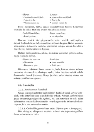 KALKO OKERRAK   21/6/05   17:02     Página 51




                          Okerra:                         Zuzena:
                          • *eman diren suizidioak        • gertatu diren suizidioak
                          • *Aneri jo dio                 • Ane jo du
                          • *horma eusten du              • hormari eusten dio
                    Beste batzuetan, berriz, eredu estandarrerako hobetsi beharreko
                erabilera da auzia. Hori ere arauen mailakoa da noski:
                          Euskalki-erabilera:        Eredu estandarra:
                          • Irten/igo dute.               • Irten/igo dira.
                     Hemen, horiek hiztegi-gramatiketarako utzirik, aditz-egitura
                batzuek berekin dakarten kalko semantikoaz arduratuko gara. Kalko semanti-
                koon artean, desbideratze estilistiko direlakoak ditugu: zentzu literaletik
                beste berezi batera lerratzen direnak.
                    Halako desbideratzeak, jakina, hizkuntza guztietan gertatzen dira,
                baina ez modu berean.
                         Oinarrizko zentzua         Irudizkoa
                          • Nos vamos.                    • Vamos a decidir.
                          • Ikastetxera goaz.             • Ikasiz goaz.

                    Hizkuntza bakoitzari berea ematea da, bada, kontua. Azken xeheta-
                suneraino sakontzerik ez daukagu, noski, baina interferentziarik zabal-
                duenetariko batzuk jorratuko ditugu jarraian, kalko okerrak salatuz eta
                aukera egoki batzuk aipatuz.

                    2.2. Kasuistika
                    2.2.1. Aspektuarekin loturikoak
                    Gauza jakina da zalantza ugari sortzen duela aditzaren aspektu dela-
                koak, erdal interferentziaz aske ibiltzeko orduan. Aditzen denbora baino
                gauza antzemangaitzagoa da aspektua, eta, denborarekin ez ezik, aditz
                bakoitzaren semantika bereziarekin loturik egoten da. Oinarrizko kon-
                tzeptua, hala ere, erraza da ulertzen.
                    2.2.1.1. Orainaldia geroaldiaren ordez (*joaten gara > joango gara)
                    Ikus dezagun, abiapuntu modura, eskaera- eta proposamen-galderen
                kasua, nabarmenena baita.


                                                     51
 