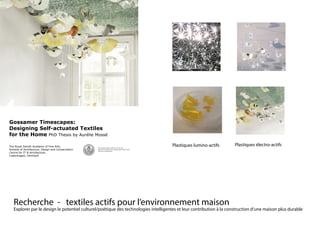 Gossamer Timescapes:
Designing Self-actuated Textiles
for the Home PhD Thesis by Aurélie Mossé
The Royal Danish Academy of Fine Arts,
Schools of Architecture, Design and Conservation
Centre for IT & Architecture,
Copenhagen, Denmark
The Royal Danish Academy of Fine Arts,
Schools of Architecture, Design and Conservation
School of Architecture
Recherche - textiles actifs pour l’environnement maison							
Explorer par le design le potentiel culturel/poétique des technologies intelligentes et leur contribution à la construction d’une maison plus durable
Programming materials at molecular level
Light-responsive polymer films by Ele de Boer, TU Eindhoven
Plastiques lumino-actifs Plastiques électro-actifs
 