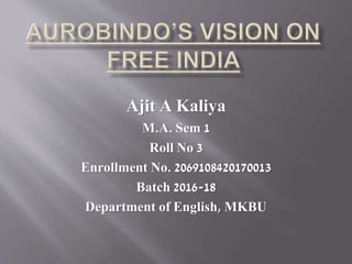 Ajit A Kaliya
M.A. Sem 1
Roll No 3
Enrollment No. 2069108420170013
Batch 2016-18
Department of English, MKBU
 