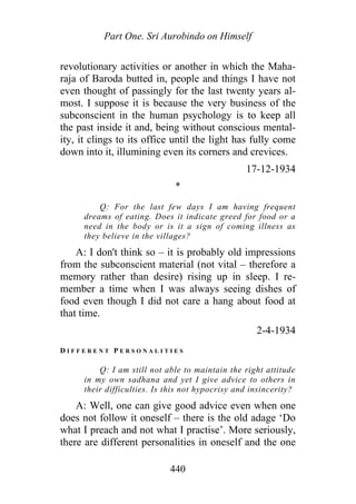Part One. Sri Aurobindo on Himself
revolutionary activities or another in which the Maha-
raja of Baroda butted in, people and things I have not
even thought of passingly for the last twenty years al-
most. I suppose it is because the very business of the
subconscient in the human psychology is to keep all
the past inside it and, being without conscious mental-
ity, it clings to its office until the light has fully come
down into it, illumining even its corners and crevices.
17-12-1934
*
Q: For the last few days I am having frequent
dreams of eating. Does it indicate greed for food or a
need in the body or is it a sign of coming illness as
they believe in the villages?
A: I don't think so – it is probably old impressions
from the subconscient material (not vital – therefore a
memory rather than desire) rising up in sleep. I re-
member a time when I was always seeing dishes of
food even though I did not care a hang about food at
that time.
2-4-1934
D I F F E R E N T P E R S O N A L I T I E S
Q: I am still not able to maintain the right attitude
in my own sadhana and yet I give advice to others in
their difficulties. Is this not hypocrisy and insincerity?
A: Well, one can give good advice even when one
does not follow it oneself – there is the old adage ‘Do
what I preach and not what I practise’. More seriously,
there are different personalities in oneself and the one
440
 