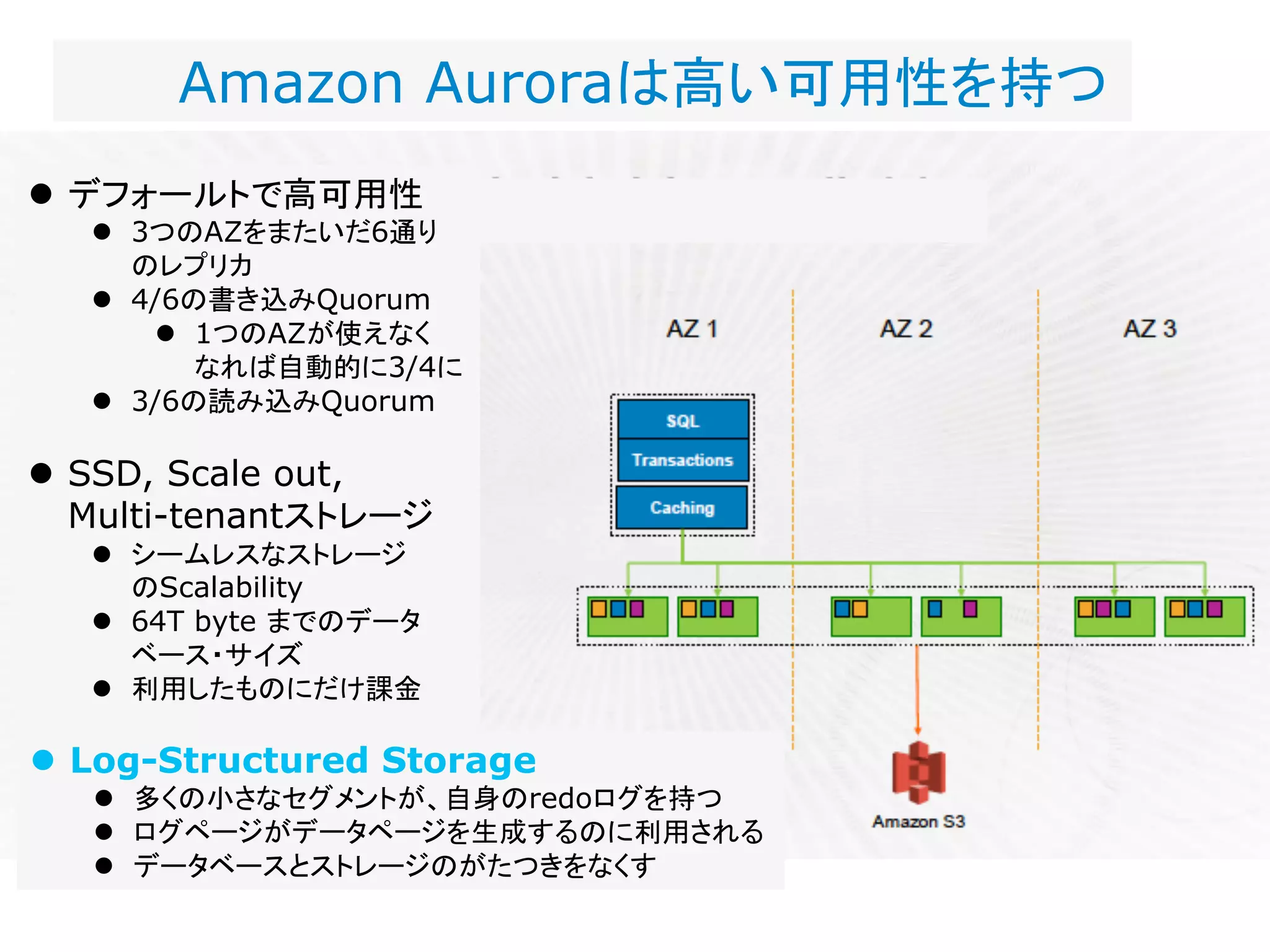 Amazon Auroraは高い可用性を持つ
l デフォールトで高可用性
l 3つのAZをまたいだ6通り
のレプリカ
l 4/6の書き込みQuorum
l 1つのAZが使えなく
なれば自動的に3/4に
l 3/6の読み込みQuorum
l SSD, Scale out,
Multi-tenantストレージ
l シームレスなストレージ
のScalability
l 64T byte までのデータ
ベース・サイズ
l 利用したものにだけ課金
l Log-Structured Storage
l 多くの小さなセグメントが、自身のredoログを持つ
l ログページがデータページを生成するのに利用される
l データベースとストレージのがたつきをなくす
 