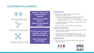 Adding 19,000 kg per
annum funded
capacity
Adding over 20,000
patients
Expands international
footprint
CanniMed Acquisition
Aurora Cannabis Inc. Management Presentation 10
To form core of Aurora’s
Medical Cannabis
Centre of Excellence
Adds drug delivery
technologies
Strong Brands
Well Connected
Major Expansion
Cannabis Oils
• Significant sales acceleration since
launching oils in 2016
• Phase 1 expansion - $1 billion revenue
capacity with 70+% profit margins
• 12 million bottles / year @ 165.00 per 60 ml
• Completed first oils export to Australia and
Cayman Islands
• Extraordinary capability and expertise
Capsules Production
• Expected to accelerate growth in Canada
and internationally
• For baby boomers looking for a safe,
reliable way to manage their chronic pain
symptoms and maintain an active lifestyle
Topical Cream
• Recently launched leading trans-dermal
topical cream
 