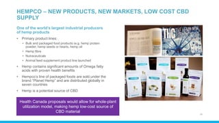 HEMPCO – NEW PRODUCTS, NEW MARKETS, LOW COST CBD
SUPPLY
Aurora Cannabis Inc. Management Presentation 28
One of the world’s largest industrial producers
of hemp products
• Primary product lines:
• Bulk and packaged food products (e.g. hemp protein
powder, hemp seeds or hearts, hemp oil
• Hemp fibre
• Nutraceuticals
• Animal feed supplement product line launched
• Hemp contains significant amounts of Omega fatty
acids with proven health benefits
• Hempco’s line of packaged foods are sold under the
brand “Planet Hemp” and are distributed globally in
seven countries
• Hemp is a potential source of CBD
Health Canada proposals would allow for whole-plant
utilization model, making hemp low-cost source of
CBD material
 
