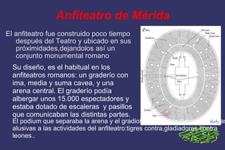 Anfiteatro de Mérida El anfiteatro fue construido poco tiempo después del Teatro y ubicado en sus próximidades,dejandolos así un conjunto monumental romano Su diseño, es el habitual en los anfiteatros romanos: un graderío con ima, media y suma cavea, y una arena central. El graderío podía albergar unos 15.000 espectadores y estaba dotado de escaleras  y pasillos que comunicaban las distintas partes. El podium que separaba la arena y el gradiofue decorado con una pinturas alusivas a las actividades del anfiteatro:tigres contra,gladiadores contra leones.. 