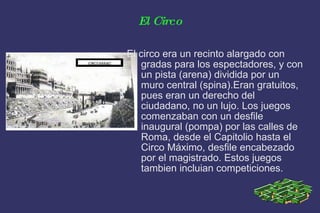 El Circo El circo era un recinto alargado con gradas para los espectadores, y con un pista (arena) dividida por un muro central (spina).Eran gratuitos, pues eran un derecho del ciudadano, no un lujo. Los juegos comenzaban con un desfile inaugural (pompa) por las calles de Roma, desde el Capitolio hasta el Circo Máximo, desfile encabezado por el magistrado. Estos juegos tambien incluian competiciones. 