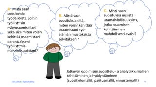 27/11/2018 Opetushallitus 9
A. Mistä saan
suosituksia
työpaikoista, joihin
työllistyisin
nykyosaamisellani
sekä siitä miten voisin
kehittää osaamistani
parantaakseni
työllistymis-
mahdollisuuksiani?
B. Mistä saan
suosituksia siitä,
miten voisin kehittää
osaamistani työ-
elämän muutoksista
selvitäkseni?
C. Mistä saan
suosituksia uusista
uramahdollisuuksista,
jotka osaamisen
kehittäminen
mahdollisesti avaisi?
Jatkuvan oppimisen suosittelu- ja analytiikkamallien
kehittäminen ja hyödyntäminen
(suosittelumallit, paritusmallit, ennustemallit)
 