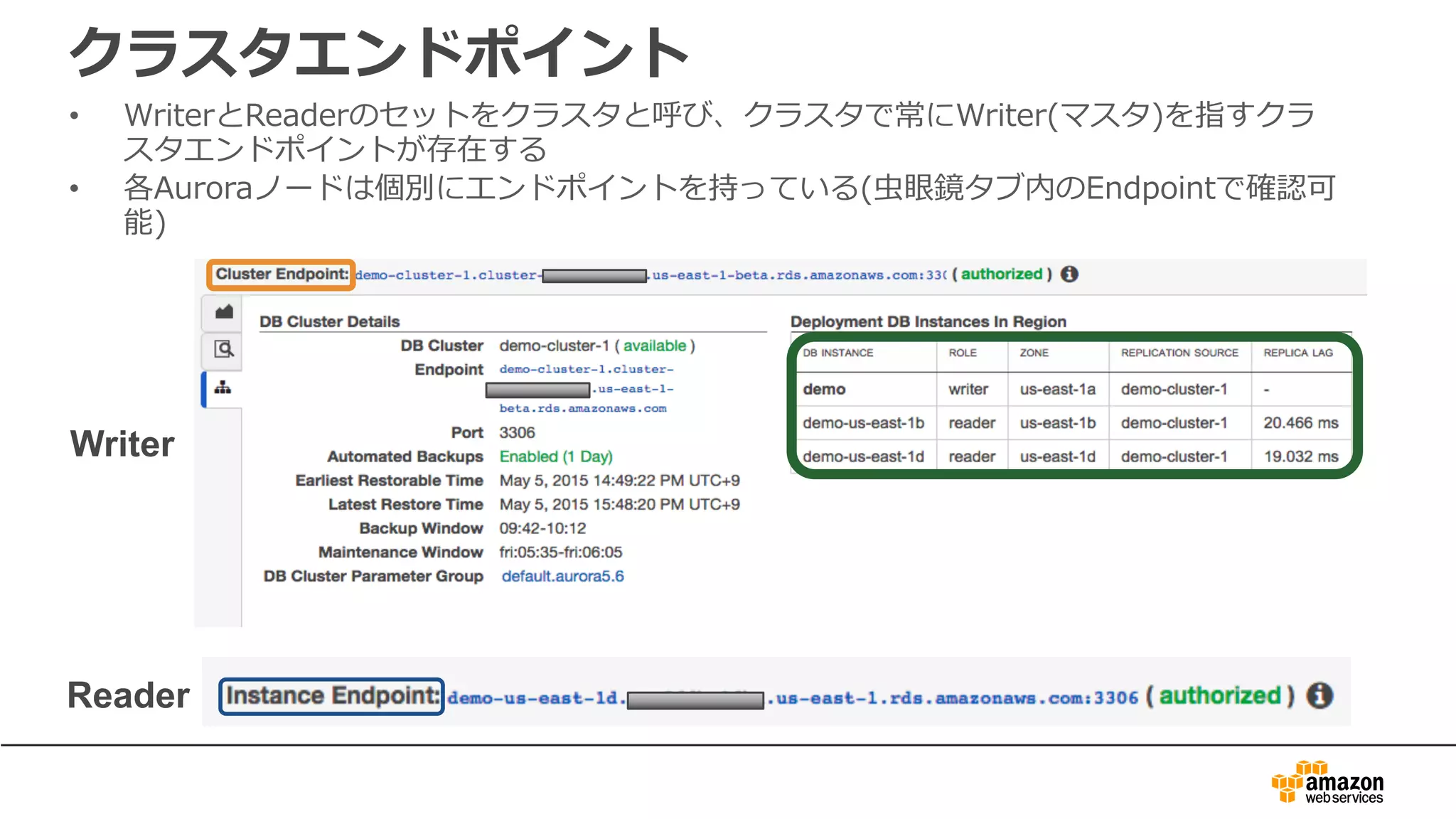 クラスタエンドポイント
• WriterとReaderのセットをクラスタと呼び、クラスタで常にWriter(マスタ)を指すクラ
スタエンドポイントが存在する
• 各Auroraノードは個別にエンドポイントを持っている(⾍眼鏡タブ内のEndpointで確認可
能)
Reader
Writer
 
