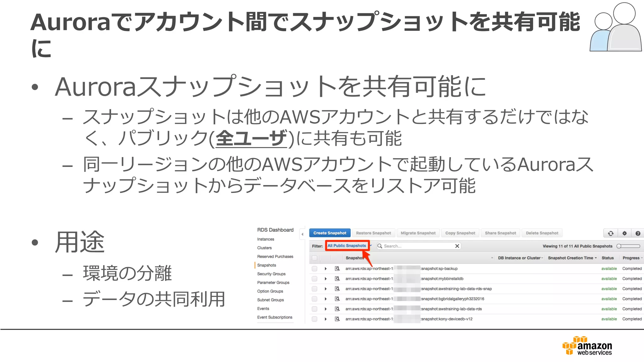 Auroraでアカウント間でスナップショットを共有可能
に
• Auroraスナップショットを共有可能に
– スナップショットは他のAWSアカウントと共有するだけではな
く、パブリック(全ユーザ)に共有も可能
– 同⼀リージョンの他のAWSアカウントで起動しているAuroraス
ナップショットからデータベースをリストア可能
• ⽤途
– 環境の分離
– データの共同利⽤
 