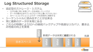 Log Structured Storage
• 追記型のストレージ・システム
– ログの様に常に末尾にデータを追加していくだけ
– データが書き込まれているブロックを上書いたりはしない
– ガベージコレクションによりデータを効率的に格納する
• シーケンシャルに読み出すことが出来る
• 常に最新のデータが末尾にある
• これらの特徴によりS3への継続バックアップや⾼速なリカバリ、書き込
み性能の向上を実現
空きスペース
data
data
先頭
data
data
data
新規データは末尾に追記される
↓
 