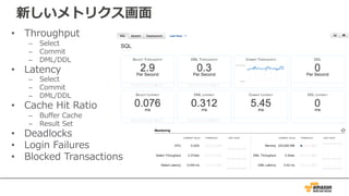 新しいメトリクス画⾯
• Throughput
– Select
– Commit
– DML/DDL
• Latency
– Select
– Commit
– DML/DDL
• Cache Hit Ratio
– Buffer Cache
– Result Set
• Deadlocks
• Login Failures
• Blocked Transactions
 