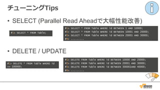 チューニングTips
#1> SELECT * FROM Table;
#1> SELECT * FROM Table WHERE id BETWEEN 1 AND 10000;
#2> SELECT * FROM Table WHERE id BETWEEN 10001 AND 20000;
#3> SELECT * FROM Table WHERE id BETWEEN 20001 AND 30000;
#4> .........
• SELECT (Parallel Read Aheadで大幅性能改善)
• DELETE / UPDATE
#1> DELETE * FROM Table WHERE id
>= 100000;
#1> DELETE FROM Table WHERE id BETWEEN 10000 AND 20000;
#2> DELETE FROM Table WHERE id BETWEEN 20001 AND 30000;
#3> DELETE FROM Table WHERE id BETWEEN 300001AND 40000;
#4> .........
 