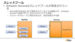 スレッドプール
• Amazon Auroraはスレッドプールが実装されてい
る
– MariaDBやMySQL EEで提供されているような機能だが、Amazon
Auroraに実装されているものはオリジナル実装
– パラメータグループに項⽬があるが、設定変更は不可能
Client
Thread
Thread
Thread
Thread
Client
MySQL
Client
Thread
Thread
Thread
Thread
Client
Aurora
Thread Pool
 