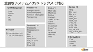 重要なシステム／OSメトリクスに対応
User
System
Wait
IRQ
Idle
CPU Utilization
Rx per declared ethn
Tx per declared ethn
Network
Num processes
Num interruptible
Num non-interruptible
Num zombie
Processes
Process ID
Process name
VSS
Res
Mem %
consumed
CPU % used
CPU time
Parent ID
Process List
MemTotal
MemFree
Buffers
Cached
SwapCached
Active
Inactive
SwapTotal
SwapFree
Dirty
Writeback
Mapped
Slab
Memory
TPS
Blk_read
Blk_wrtn
read_kb
read_IOs
read_size
write_kb
write_IOs
write_size
avg_rw_size
avg_queue_len
Device IO
Free
capacity
Used
% Used
File System
 