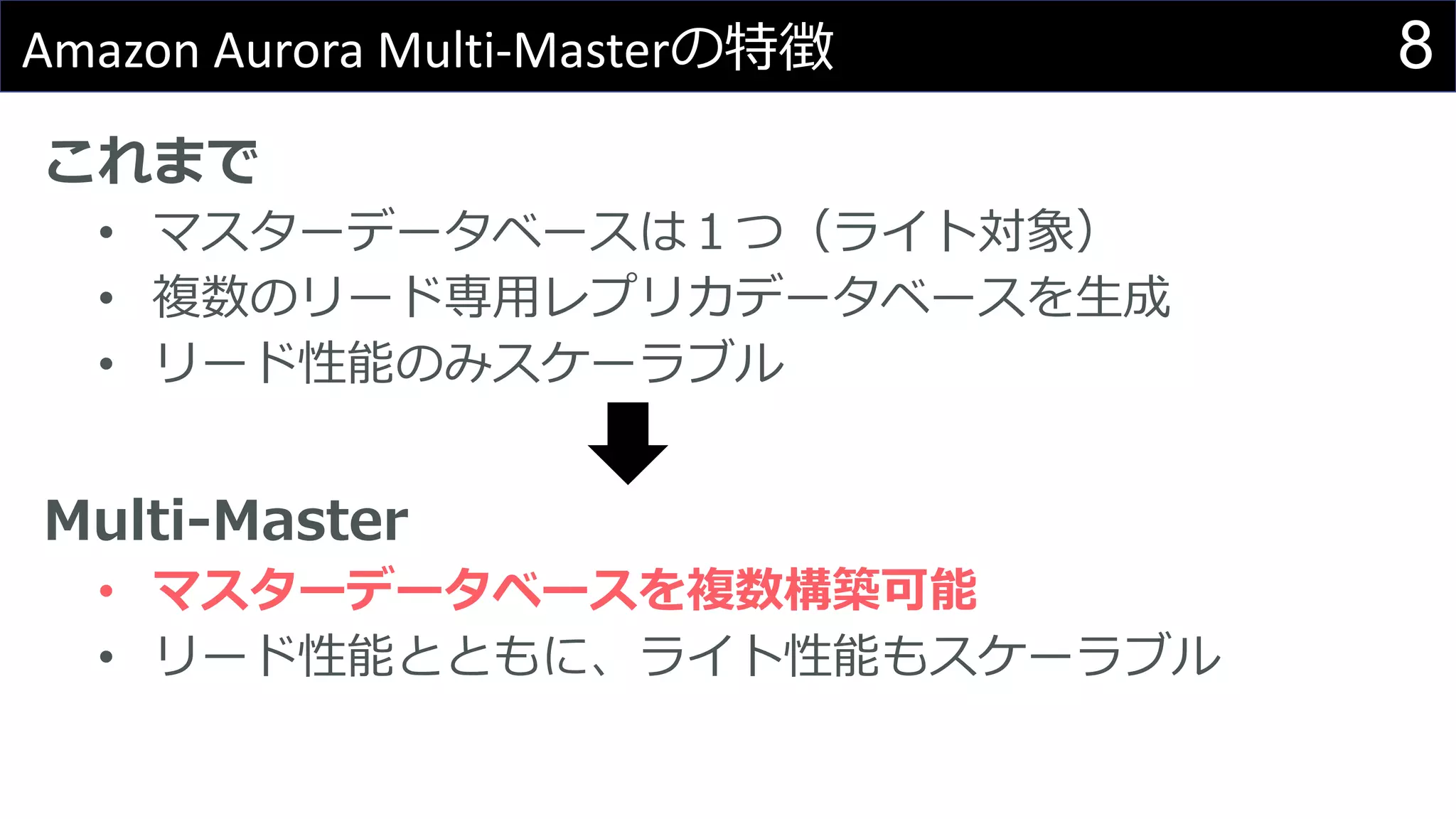 8Amazon Aurora Multi-Masterの特徴
これまで
• マスターデータベースは１つ（ライト対象）
• 複数のリード専用レプリカデータベースを生成
• リード性能のみスケーラブル
Multi-Master
• マスターデータベースを複数構築可能
• リード性能とともに、ライト性能もスケーラブル
 
