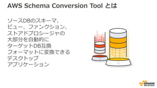 AWS Schema Conversion Tool とは
ソースDBのスキーマ、
ビュー、ファンクション、
ストアドプロシージャの
⼤部分を⾃動的に
ターゲットDB互換
フォーマットに変換できる
デスクトップ
アプリケーション
 