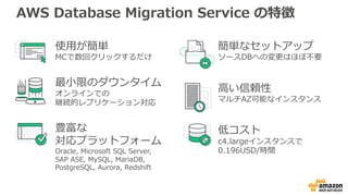 AWS Database Migration Service の特徴
使⽤が簡単
MCで数回クリックするだけ
最⼩限のダウンタイム
オンラインでの
継続的レプリケーション対応
豊富な
対応プラットフォーム
Oracle, Microsoft SQL Server,
SAP ASE, MySQL, MariaDB,
PostgreSQL, Aurora, Redshift
簡単なセットアップ
ソースDBへの変更はほぼ不要
⾼い信頼性
マルチAZ可能なインスタンス
低コスト
c4.largeインスタンスで
0.196USD/時間
 