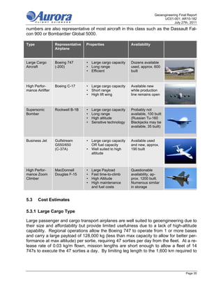 Geoengineering Final Report
                                                                                UC01-001; AR10-182
                                                                                       July 27th, 2011
numbers are also representative of most aircraft in this class such as the Dassault Fal-
con 900 or Bombardier Global 5000.

Type              Representative   Properties               Availability
                  Airplane


Large Cargo       Boeing 747       • Large cargo capacity   Dozens available
Aircraft          (-200)           • Long range             used, approx. 600
                                   • Efficient              built



High Perfor-      Boeing C-17      • Large cargo capacity   Available new
mance Airlifter                    • Short range            while production
                                   • High lift wing         line remains open



Supersonic        Rockwell B-1B    • Large cargo capacity   Probably not
Bomber                             • Long range             available, 100 built
                                   • High altitude          (Russian Tu-160
                                   • Sensitive technology   Blackjacks may be
                                                            available, 35 built)


Business Jet      Gulfstream       • Large cargo capacity   Available used
                  G550/650           OR fuel capacity       and new, approx.
                  (C-37A)          • Well suited to high    190 built
                                     altitude



High Perfor-      MacDonnell       • Large Payload          Questionable
mance Zoom        Douglas F-15     • Fast time-to-climb     availability, ap-
Climber                            • High Altitude          prox. 1200 built.
                                   • High maintenance       Numerous similar
                                     and fuel costs         in storage


5.3    Cost Estimates

5.3.1 Large Cargo Type

Large passenger and cargo transport airplanes are well suited to geoengineering due to
their size and affordability but provide limited usefulness due to a lack of high-altitude
capability. Regional operations allow the Boeing 747 to operate from 1 or more bases
and carry a large payload of 128,000 kg (less than max capacity to allow for better per-
formance at max altitude) per sortie, requiring 47 sorties per day from the fleet. At a re-
lease rate of 0.03 kg/m flown, mission lengths are short enough to allow a fleet of 14
747s to execute the 47 sorties a day. By limiting leg length to the 1,600 km required to




                                                                                               Page 35
 