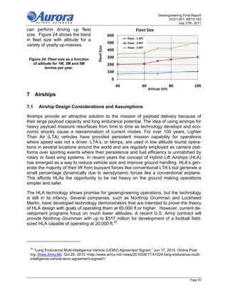 Geoengineering Final Report
                                                                               UC01-001; AR10-182
                                                                                      July 27th, 2011
can perform driving up fleet
size. Figure 24 shows the trend
in fleet size with altitude for a
variety of yearly up-masses.


 Figure 24: Fleet size as a function
   of altitude for 1M, 3M and 5M
           tonnes per year.




7 Airships

7.1   Airship Design Considerations and Assumptions

Airships provide an attractive solution to the mission of payload delivery because of
their large payload capacity and long endurance potential. The idea of using airships for
heavy payload missions resurfaces from time to time as technology develops and eco-
nomic shocks cause a reexamination of current modes. For over 100 years, Lighter
Than Air (LTA) vehicles have provided persistent mission capability for operations
where speed was not a driver. LTA’s, or blimps, are used in low altitude tourist opera-
tions in several locations around the world and are regularly employed as camera plat-
forms over sporting events where their persistence and fuel efficiency is unmatched by
rotary or fixed wing systems. In recent years the concept of Hybrid Lift Airships (HLA)
has emerged as a way to reduce vehicle size and improve ground handling. HLA’s gen-
erate the majority of their lift from buoyant forces like conventional LTA’s but generate a
small percentage dynamically due to aerodynamic forces like a conventional airplane.
This affords HLAs the opportunity to be net heavy on the ground making operations
simpler and safer.

The HLA technology shows promise for geoengineering operations, but the technology
is still in its infancy. Several companies, such as Northrop Grumman and Lockheed
Martin, have developed technology demonstrators that are intended to prove the theory
of HLA design with goals of operating them at 65,000 ft or higher. However, current de-
velopment programs focus on much lower altitudes. A recent U.S. Army contract will
provide Northrop Grumman with up to $517 million for development of a football field-
sized HLA capable of operating at 20,000 ft.35




 35
    “Long Endurance Multi-Intelligence Vehicle (LEMV) Agreement Signed.” Jun 17, 2010. Online Post-
 ing. Www.Army.Mil. Oct 25, 2010 <http://www.army.mil/-news/2010/06/17/41024-long-endurance-multi-
 intelligence-vehicle-lemv-agreement-signed/>




                                                                                              Page 50
 