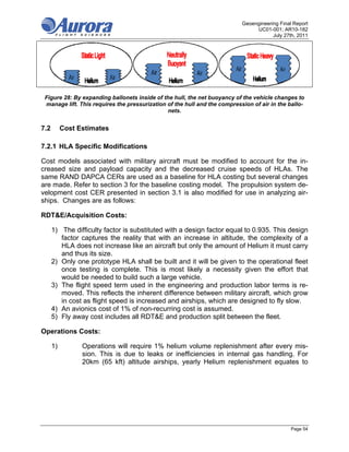 Geoengineering Final Report
                                                                                UC01-001; AR10-182
                                                                                       July 27th, 2011




 Figure 28: By expanding ballonets inside of the hull, the net buoyancy of the vehicle changes to
 manage lift. This requires the pressurization of the hull and the compression of air in the ballo-
                                               nets.


7.2        Cost Estimates

7.2.1 HLA Specific Modifications

Cost models associated with military aircraft must be modified to account for the in-
creased size and payload capacity and the decreased cruise speeds of HLAs. The
same RAND DAPCA CERs are used as a baseline for HLA costing but several changes
are made. Refer to section 3 for the baseline costing model. The propulsion system de-
velopment cost CER presented in section 3.1 is also modified for use in analyzing air-
ships. Changes are as follows:

RDT&E/Acquisition Costs:

      1) The difficulty factor is substituted with a design factor equal to 0.935. This design
         factor captures the reality that with an increase in altitude, the complexity of a
         HLA does not increase like an aircraft but only the amount of Helium it must carry
         and thus its size.
      2) Only one prototype HLA shall be built and it will be given to the operational fleet
         once testing is complete. This is most likely a necessity given the effort that
         would be needed to build such a large vehicle.
      3) The flight speed term used in the engineering and production labor terms is re-
         moved. This reflects the inherent difference between military aircraft, which grow
         in cost as flight speed is increased and airships, which are designed to fly slow.
      4) An avionics cost of 1% of non-recurring cost is assumed.
      5) Fly away cost includes all RDT&E and production split between the fleet.

Operations Costs:

      1)         Operations will require 1% helium volume replenishment after every mis-
                 sion. This is due to leaks or inefficiencies in internal gas handling. For
                 20km (65 kft) altitude airships, yearly Helium replenishment equates to




                                                                                               Page 54
 