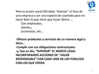14
Pero la acción social NO debe “distraer” el foco de
una empresa o ser una especie de coartada para no
hacer bien lo que tiene que hacer (bien) ….
Con empleados,
clientes,
accionistas, etc…
-Ofrecer productos y servicios de un manera legal y
ética…
-Cumplir con sus obligaciones contractuales
-y, hoy en día, “SUPERAR” EL MARCO LEGAL
INCORPORANDO ACCIONES DE “VALOR
RESPONSABLE” CON CADA UNO DE LOS PÚBLICOS
CON LOS QUE OPERA
 