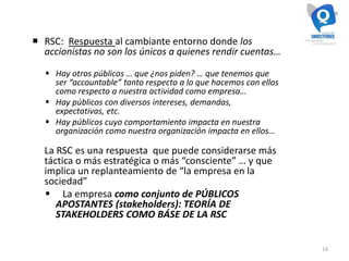 16
 RSC: Respuesta al cambiante entorno donde los
accionistas no son los únicos a quienes rendir cuentas…
 Hay otros públicos … que ¿nos piden? … que tenemos que
ser “accountable” tanto respecto a lo que hacemos con ellos
como respecto a nuestra actividad como empresa…
 Hay públicos con diversos intereses, demandas,
expectativas, etc.
 Hay públicos cuyo comportamiento impacta en nuestra
organización como nuestra organización impacta en ellos…
La RSC es una respuesta que puede considerarse más
táctica o más estratégica o más “consciente” … y que
implica un replanteamiento de “la empresa en la
sociedad”
 La empresa como conjunto de PÚBLICOS
APOSTANTES (stakeholders): TEORÍA DE
STAKEHOLDERS COMO BÁSE DE LA RSC
 