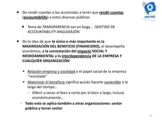 19
 De rendir cuentas a los accionistas a tener que rendir cuentas
(accountability) a estos diversos públicos
 Tema de TRANSPARENCIA tan en boga… -SENTIDO DE
ACCOUNTABILITY ANGLOSAJÓN
 De la idea de que lo único o más importante es la
MAXIMIZACIÓN DEL BENEFICIO (FINANCIERO), el desempeño
económico, a la constatación del impacto SOCIAL Y
MEDIOAMBIENTAL y la interdependencia DE LA EMPRESA Y
CUALQUIER ORGANIZACIÓN
 Relación empresa y sociedad o el papel social de la empresa
“revisitado”
 Maximizar el beneficio significa quizás hacerlo sostenible a lo
largo del tiempo…
▪ Diferir a veces el bien a corto por el bien a largo, incluso
económicamente…
▪ Todo esto se aplica también a otras organizaciones: sector
público y tercer sector
 