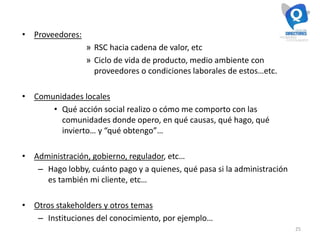 25
• Proveedores:
» RSC hacia cadena de valor, etc
» Ciclo de vida de producto, medio ambiente con
proveedores o condiciones laborales de estos…etc.
• Comunidades locales
• Qué acción social realizo o cómo me comporto con las
comunidades donde opero, en qué causas, qué hago, qué
invierto… y “qué obtengo”…
• Administración, gobierno, regulador, etc…
– Hago lobby, cuánto pago y a quienes, qué pasa si la administración
es también mi cliente, etc…
• Otros stakeholders y otros temas
– Instituciones del conocimiento, por ejemplo…
 
