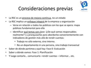 Consideraciones previas
• La RSC es un proceso de mejora contínua, no un estado
• La RSC implica un enfoque integral de la empresa u organización
– Verse en relación a todos los públicos con los que se opera: mapa
públicos fundamental para ello
– Identificar qué temas son clave (¿De qué somos responsables
realmente? ) y jerarquizarlos para abordarlos convenientemente con
indicadores de gestión más allá de rendir cuentas:
• Trabajo no sólo externo, sino interno.
• No un departamento ni una persona, sino trabajo transversal
• Saber de dónde partimos y qué hay: Fase 0: Evaluación
• Saber a dónde vamos: Fase 1: Planificación
• Y luego contarlo… comunicarlo –rendir cuentas – informar… etc.
36
 
