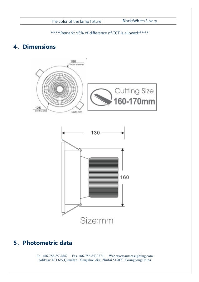Auroras 40w cob led downlight specification