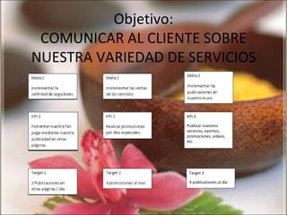 Objetivo:
 COMUNICAR AL CLIENTE SOBRE
NUESTRA VARIEDAD DE SERVICIOS


                    KPI 3

                    Publi...