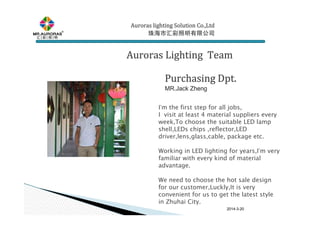 2014-3-20
Auroras lighting SolutionAuroras lighting SolutionAuroras lighting SolutionAuroras lighting Solution Co.,LtdCo.,LtdCo.,LtdCo.,Ltd
珠海市汇彩照明有限公司珠海市汇彩照明有限公司珠海市汇彩照明有限公司珠海市汇彩照明有限公司
Auroras Lighting TeamAuroras Lighting TeamAuroras Lighting TeamAuroras Lighting Team
Purchasing Dpt.Purchasing Dpt.Purchasing Dpt.Purchasing Dpt.
MR.JackMR.JackMR.JackMR.Jack ZhengZhengZhengZheng
I’m the first step for all jobs,
I visit at least 4 material suppliers every
week,To choose the suitable LED lamp
shell,LEDs chips ,reflector,LED
driver,lens,glass,cable, package etc.
Working in LED lighting for years,I’m very
familiar with every kind of material
advantage.
We need to choose the hot sale design
for our customer,Luckly,It is very
convenient for us to get the latest style
in Zhuhai City.
 