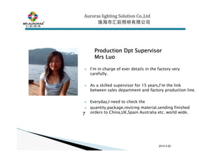 2014-3-20
I’m in charge of ever details in the factory very
carefully.
As a skilled supervisor for 15 years,I’m the link
between sales department and factory production line.
Everyday,I need to check the
quantity,package,revicing material,sending finished
orders to China,UK,Spain Australia etc. world wide.7
ProductionProductionProductionProduction DptDptDptDpt SupervisorSupervisorSupervisorSupervisor
MrsMrsMrsMrs LuoLuoLuoLuo
Auroras lighting SolutionAuroras lighting SolutionAuroras lighting SolutionAuroras lighting Solution Co.,LtdCo.,LtdCo.,LtdCo.,Ltd
珠海市汇彩照明有限公司珠海市汇彩照明有限公司珠海市汇彩照明有限公司珠海市汇彩照明有限公司
 