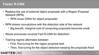 auro@shatterline.com 19
•  Replace the use of external object proposals with a Region Proposal
Network (RPN)
•  RPN reuse CNNs for object proposals!
•  RPN shares convolutions with the detection side of the network
•  Big benefit, marginal cost of computing proposals becomes small
•  Reuse previously covered Fast R-CNN for detection!
•  Training regime alternates between
•  First, fine-tuning for the region proposal task
•  Then, fine-tuning for the object detection keeping the proposals fixed
Faster R-CNN
 