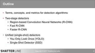 auro@shatterline.com 2
•  Terms, concepts, and metrics for detection algorithms
•  Two-stage detectors
•  Region-based Convolution Neural Networks (R-CNN)
•  Fast R-CNN
•  Faster R-CNN
•  Unified (single-shot) detectors
•  You Only Look Once (YOLO)
•  Single-Shot Detector (SSD)
Outline
 
